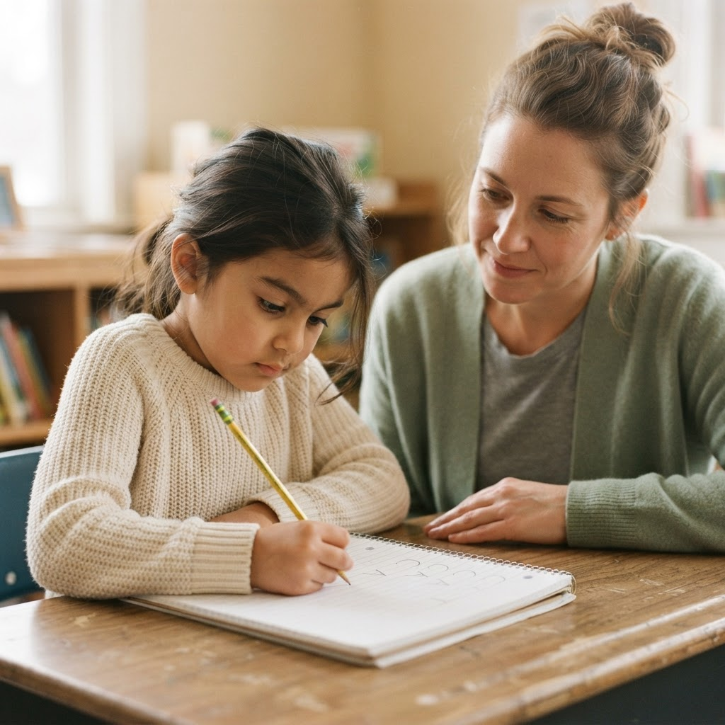 Especialista observando con atención el trabajo de lectoescritura de una alumna